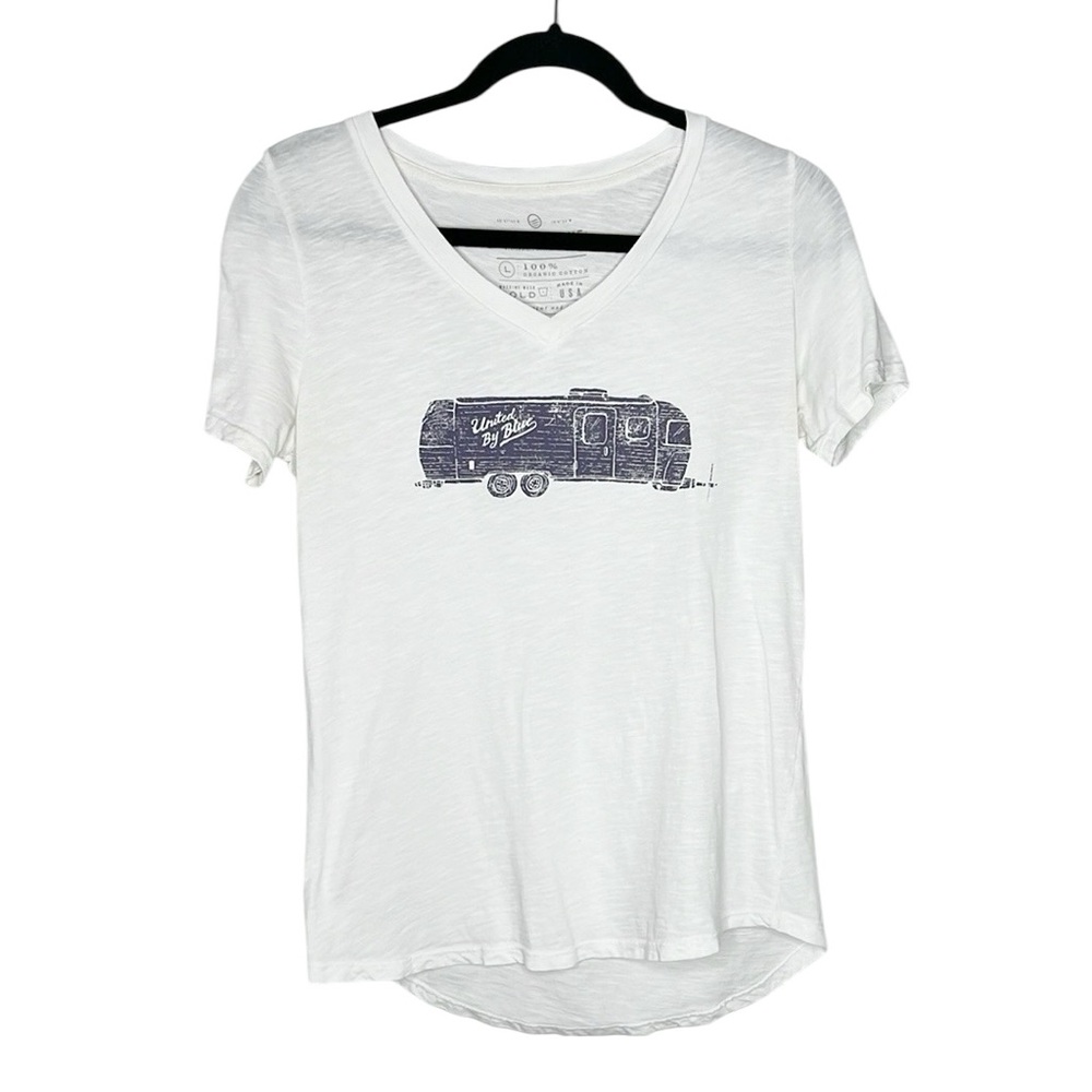 United by Blue Camper Travel Trailer Print V Neck Cotton tee size Large